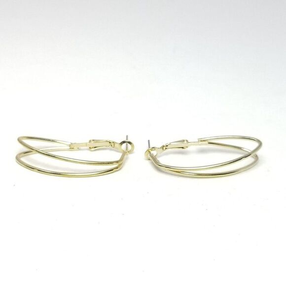 Vintage Oval Shape Hoop Earrings, Long Gold Tone Retro 80s 90s Style Design - Picture 2 of 5